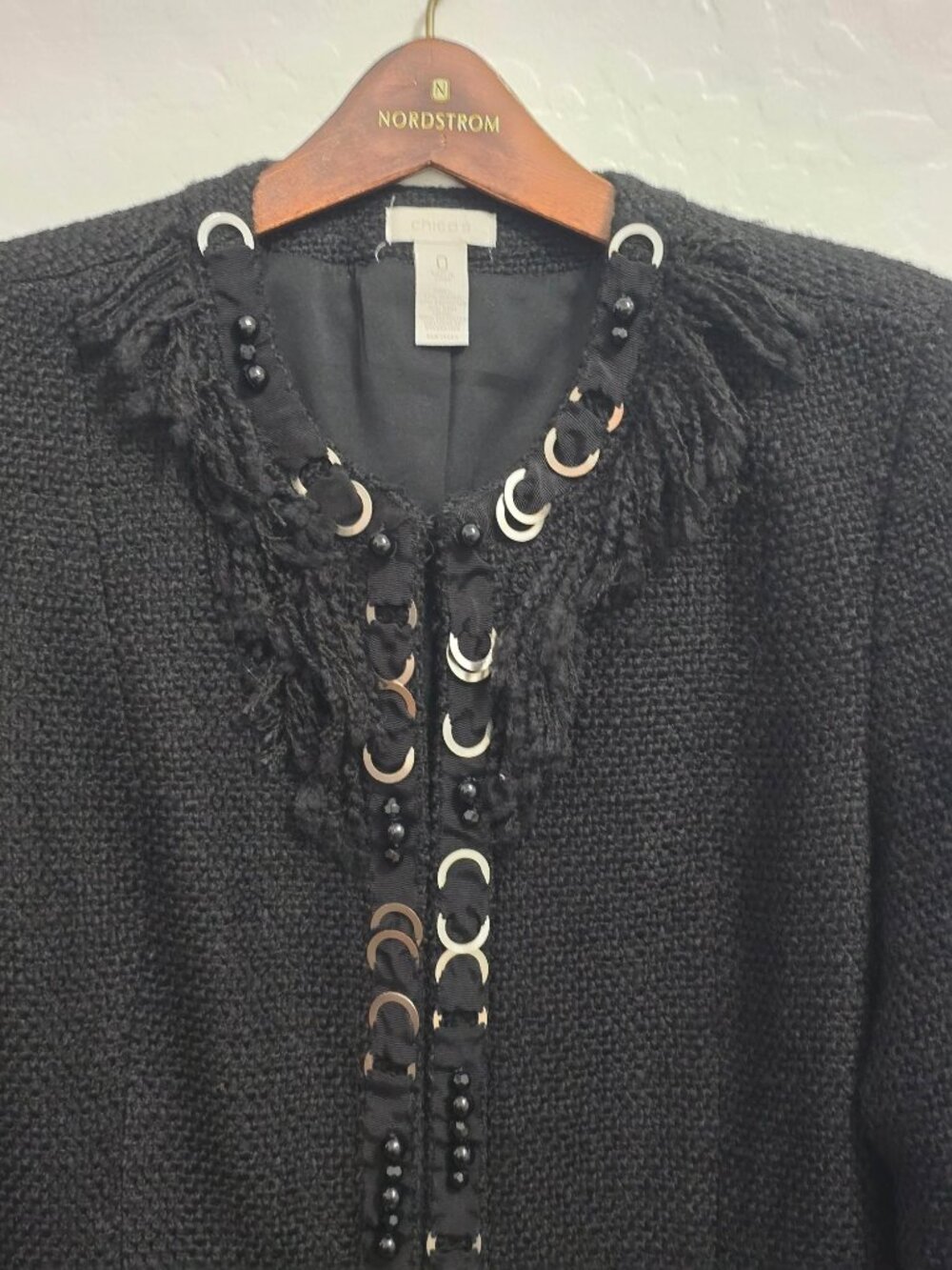 Chicos Size 0 Black Textured Prena Jacket With Beaded & Metal Ring - Picture 3 of 12